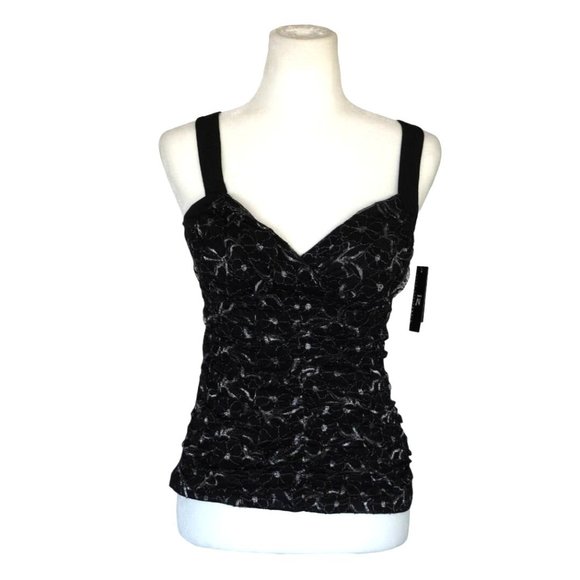 Y2K iz Byer California Tank Top Size Medium Black Metallic Silver Lace Ruched NO - Picture 1 of 11